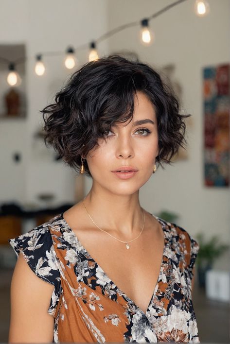 Achieve a modern and stylish appearance with a chic bob haircut Wavy Pixie Bob, Curly Bob With Wispy Bangs, Audrey Tautou Hair, Natural Wavy Bob, "wixie" Haircut, "bixie" Haircut Wavy, Short Bob Wavy Hair, Bixie 90s Haircut Curly, "bixie" Haircut 2022 Wavy