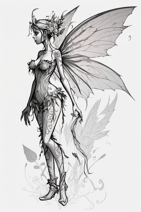 Gothic Fairy Tattoo, Fairy Sketch, Word Tattoo Ideas, Evil Fairy, Stunning Tattoos, Word Tattoo, Fairy Tattoo Designs, Fairy Drawings, Drawing Styles