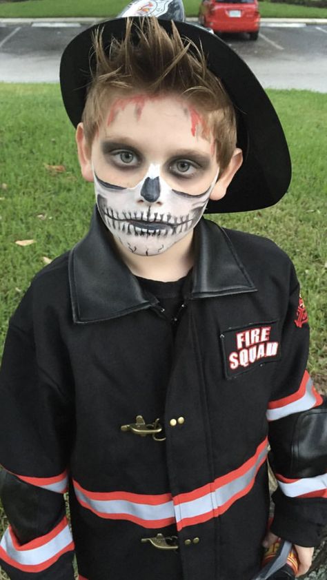 Skeleton firefighter Halloween costume for kids. DIY skeleton makeup Boys Skeleton Face Paint, Skeleton Makeup Kids Boys, Boys Skeleton Makeup, Skeleton Boy Makeup, Halloween Makeup Boys Kids, Kids Skeleton Face Paint Easy, Skeleton Kids Makeup, Easy Skeleton Face Paint For Kids, Easy Skeleton Makeup Kids