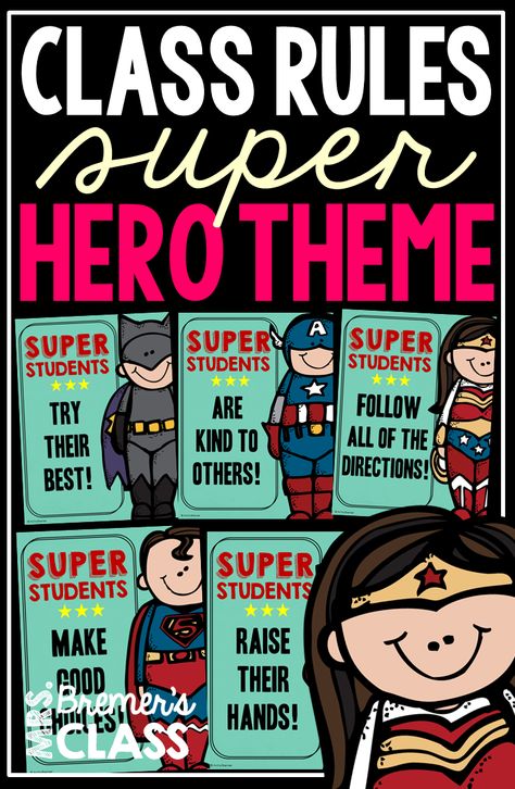 10 Superhero themed classroom rules posters for your classroom! Superhero Printables Free, Superhero Template, Superhero Class, Kindergarten Classroom Organization, Superhero Classroom Decorations, Hero Classroom Theme, Superhero Printables, 2nd Grade Class, Teachers Room