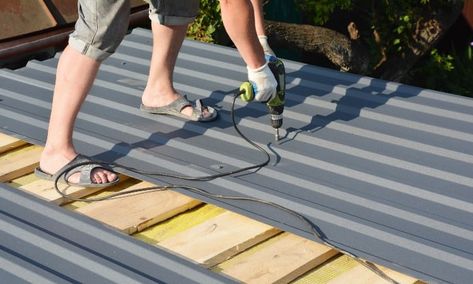 Installing metal roofing on a shed Shed With Metal Roof, How To Install Metal Roofing Diy, Shed Metal Roof, Installing Metal Roofing, Metal Roof Over Shingles, Diy Metal Roof, Metal Roof Construction, Metal Shed Roof, Metal Roof Panels