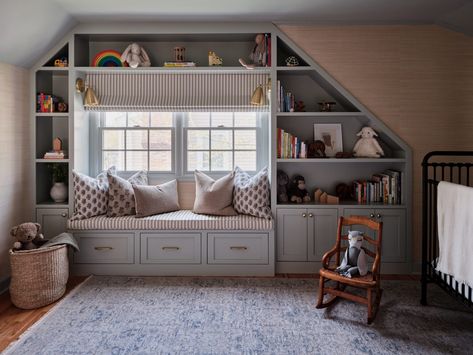 Sophisticated Nursery, Sink Skirt, Blue Shelves, Custom Roman Shades, Counter Seating, White Tile Floor, Custom Shelving, White Floors, Floral Pillows