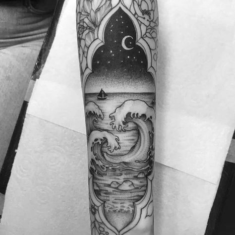 wave-ocean-scenery-tattoo-clarawelshtattoos Sea Inspired Sleeve Tattoo, Mirror Ocean Tattoo, Ocean Waves Tattoo Sleeve, Ocean Wave Tattoo Sleeve, Ocean Calf Tattoos For Women, Womens Ocean Tattoo, Sea Shore Tattoo, Ocean Shin Tattoo, Black And White Ocean Sleeve Tattoo