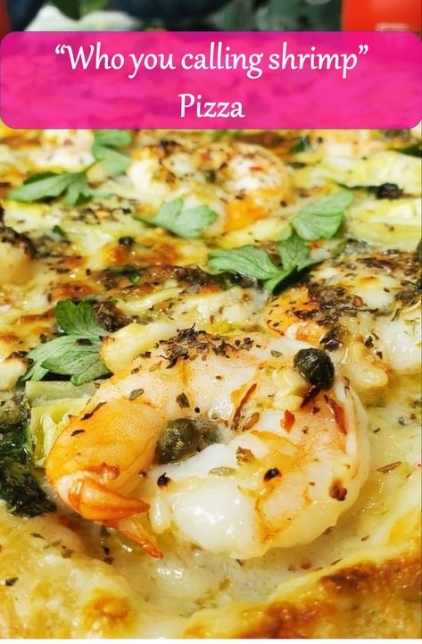 This Version of the Shrimp Scampi Pizza is anything but shrimpy. There is nothing small in size about this Pizza starting with the flavor of the base which is our Compound Roasted Garlic Butter. We have garlic, lemon, and capers, while the shrimp, cheeses, spinach and artichoke hearts mellow and balance this pizza making it a well rounded flavor profile. If you are looking for the BEST Shrimp Scampi Pizza Recipe. Here it is. #pizza #recipe #food #homemade #shrimp #scampi Shrimp Pizza Recipe, Homemade Shrimp Scampi, Shrimp Scampi Pizza, Best Shrimp Scampi, Scampi Pizza, Roasted Garlic Butter, Garlic Shrimp Scampi, Shrimp Pizza, Honey Pizza