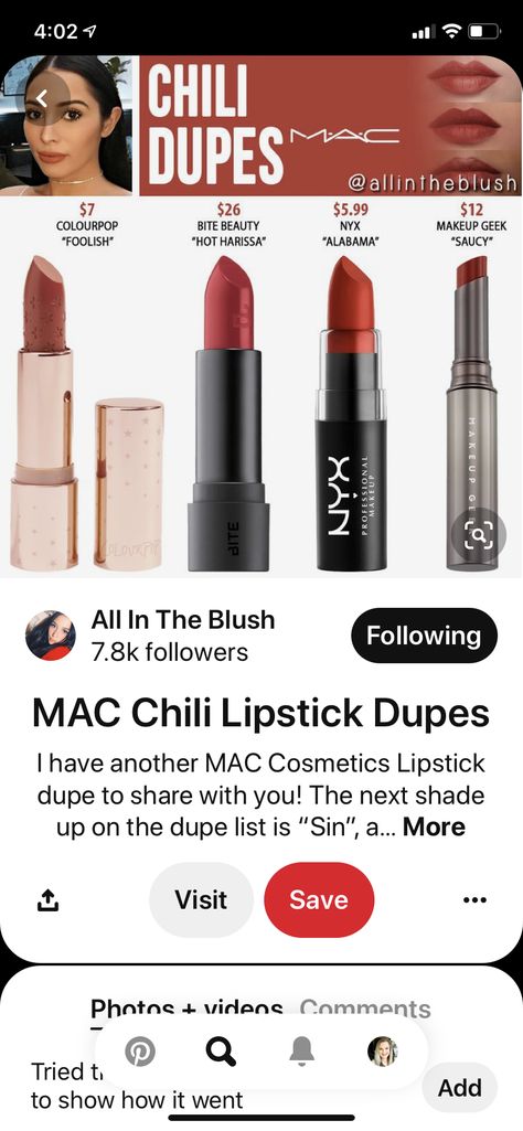 Mac Chili Lipstick, Mac Chili, Mac Cosmetics Lipstick, Chili Mac, Bite Beauty, Nyx Makeup, Diy Beauty, Mac Cosmetics, Favorite Things