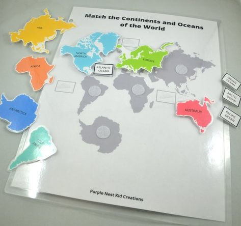 Continents and Oceans of the World Mini Bundle- 8-page digital download (includes cover page)This mini bundle contains the following:- Match the Continents and Oceans of the World - Match Animals to Continents (including an answer key)- laminate all sheets and attach hook & loop dots (velcro dots) to each piece to make these reusable activity worksheets**This is a DIGITAL DOWNLOAD. No physical product will be mailed to you. You will receive a PDF file for printing on regular 8.5"x11" paper. Preschool Continents, Continent Activities, Continents Activities, Busy Binder, Continents And Oceans, Christian Activities, Map Pattern, Animal Habitats, Oceans Of The World