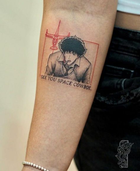 Cowboy Be Pop Tattoo, Cowboy Bepop Tatoos, See You Space Cowboy Tattoo, Spike Spiegel Tattoo, Pixel Art Tattoo, Cowboy Bebop Tattoo, Pop Culture Tattoos, Culture Tattoos, Cowboy Tattoos