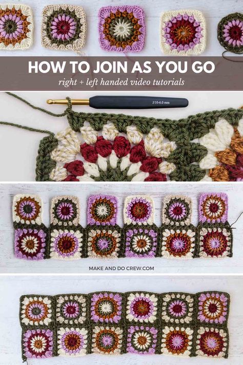 Attach As You Go Granny Square, Type Of Granny Square, Crochet Granny Square Join, Join As You Go Crochet, Join As You Go Granny Square, How To Crochet Granny Squares Together, Bulky Granny Square, Crochet Cardigan Ideas, Joining Crochet