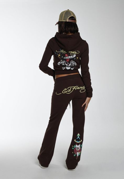 Fitted Tracksuit Women, Ed Hardy Sweatsuit Outfit, Ed Hardy Sweater, Ed Hardy Sweatsuit, Ed Hardy Sweatpants, Ed Hardy Set, Ed Hardy Tracksuit, Ed Hardy Clothes, Flared Tracksuit