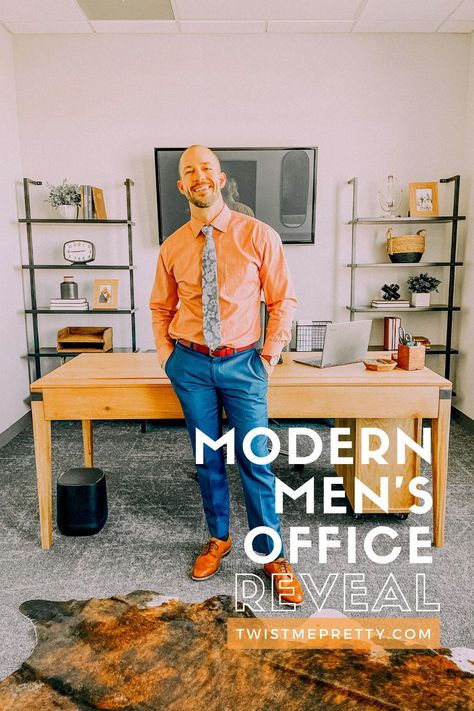 This modern men's office space is the perfect mix of masculine and functionality. The Article's Madera Desk is the perfect foundation piece for this modern office. www.twistmepretty.com Mens Office Ideas Business, Rustic Modern Office Decor, Mens Modern Office, Men’s Office Desk Decor, Modern Masculine Office Business, Men’s Office Furniture, Man's Office Decor Ideas, Office Ideas For Men Rustic, Masculine Office Design