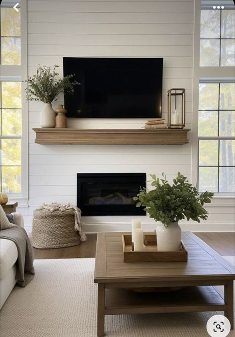 Ship Lapped Walls Living Room, Gas Fireplace Ideas With Tv Above, Coastal Fireplace Ideas, Shiplap Fireplace Ideas, Modern Farmhouse Living Room Inspiration, Shiplap Living Room, Farmhouse Coastal Decor, Farmhouse Wall Decor Ideas, Coastal Fireplace