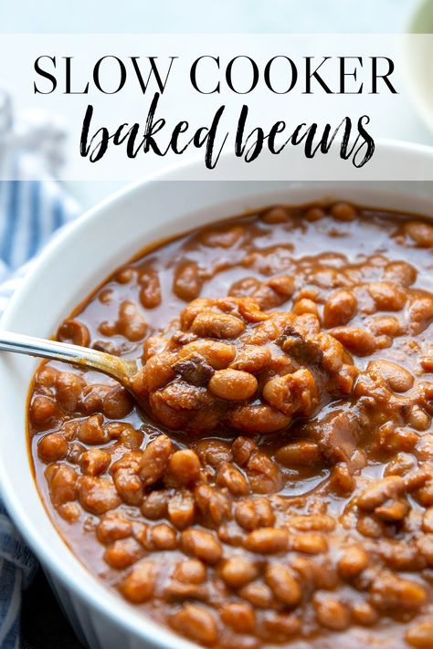 These slow cooker baked beans are made completely from scratch in the slow cooker and perfectly sweet and hearty. Bring these baked beans to any cookout and watch them be the star of the side dishes! Crock Pot Baked Beans Slow Cooker, Slow Cooker Baked Beans From Scratch, Crockpot Beans Slow Cooker, Bbq Beans Crockpot, Crockpot Baked Beans From Scratch, Baked Beans In Crockpot, Baked Beans Recipe From Scratch, Baked Beans Recipe Crockpot, Crock Pot Baked Beans