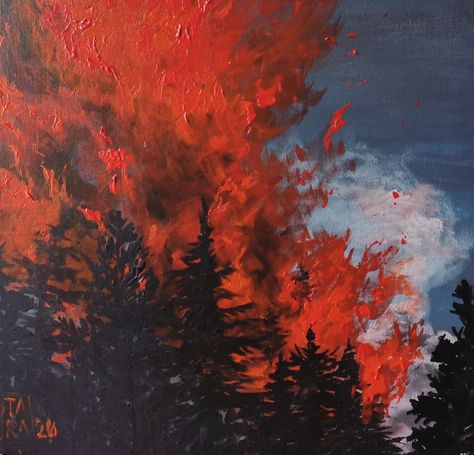 Burning Forest Aesthetic, Burning House Painting, Burning Forest Drawing, Forest Fire Painting, Australia Bushfire, Fire Paintings, Burning Forest, Fire Character, Painting River