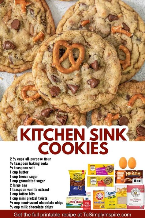 Best Cookie Recipes Ever | RECIPE: https://www.tosimplyinspire.com/kitchen-sink-cookies.html | Facebook Aldi Kitchen Sink Cookies, Betty Crocker Cookie Recipes, Everything Cookies Recipe, Kitchen Sink Cookies Recipe, Best Cookie Recipe Ever, Betty Crocker Cookies, Sink Cookies, 1 Cookies, Kitchen Sink Cookies