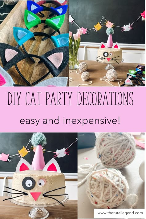 cat party, cat birthday party, cat party decorations, cat cake, cat garland, cat ear headband, farmhouse decor, farmhouse style, party themes for kids, party themes for girls, party themes for boys Cat Birthday Party Decorations Diy, Cat Theme Decorations, Cat Birthday Decorations Diy, Cat Birthday Party Craft, Diy Cat Party Favors, Cat Birthday Theme Decoration, Kitty Themed Birthday Party Decoration, Cat Themed Party Favors, Diy Cat Themed Birthday Party