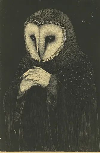 ↑↑↑ Larger size on website 🔸 A black and white illustration of an owl with its head tilted down, partially obscured by a large, d Owls Aesthetic Dark, Owl Dark Aesthetic, Owl Attacking, Barn Owl Illustration, Creepy Owl, Emil Melmoth, Owl Kawaii, Library Dark Academia, Aesthetic Owl