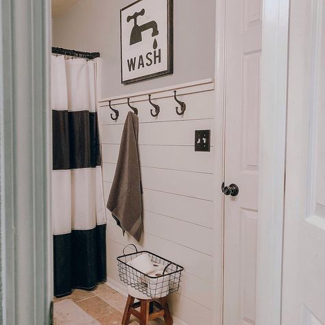 Shiplap Bathroom Wall With Hooks, Shiplap Guest Bathroom, Shiplap Bathroom Wall With Towel Hooks, Half Bathroom Shiplap Wall, Shiplap Bathroom Half Wall, Shiplap Wall With Hooks, Horizontal Shiplap Bathroom, White Shiplap Bathroom, Bathroom Shiplap Wall