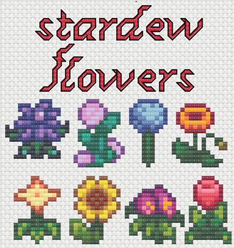 cross-stitch pattern for all the different flowers in Stardew Valley, you receive a PDF file that includes the pattern and which DMC thread colours you will need. These can be recreated on any aida size. I recommend using these patterns to make earrings, a little collage, etc. One Colour Cross Stitch Patterns, Making Cross Stitch Patterns, Small Square Cross Stitch Pattern, Stardew Valley Flowers, Stardew Valley Cross Stitch Pattern Free, Stardew Valley Embroidery, Stardew Valley Cross Stitch Pattern, Minecraft Flowers Pattern, Super Mario Cross Stitch