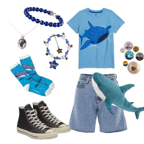 Sea Themed Outfits Aesthetic, Ocean Outfits Men, Shark Aesthetic Outfits, Shark Themed Outfit, Animal Themed Outfits, Shark Core Outfits, Orca Outfit, Watercore Outfits, Ocean Themed Accessories