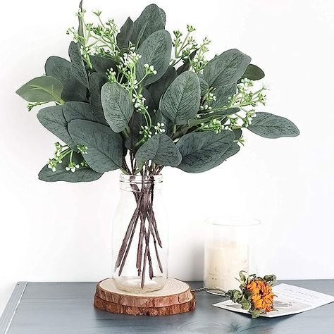 Whonline 20pcs Artificial Eucalyptus Leaves Stems with White Seeds Short Silver Dollar Artificial Flowers for Decoration Greenery Stems Plants for Flower Arrangement Wedding Bouquets Decor Shein Wedding, Flower From Paper, Tabletop Floral Arrangements, Wedding Flowers Arrangements, Celebration Of Life Ideas, Farmhouse Flowers, Feuille Eucalyptus, Tafel Decor, Artificial Eucalyptus