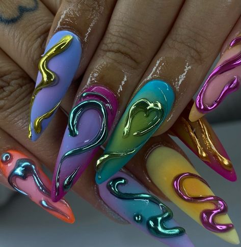 #nails #nailart #nailtech #nailsoftheday #nail2inspire #nailsart #chromenails #naildesign #summernails Nail Idea Colorful, 80s Theme Nail Designs, Vapor Wave Nails, Pierced Nail Designs, Stiletto Nail Designs 2024, Psychadelic Nails Acrylic, Sensory Nails, Simple Colorful Nail Designs, Glitch Nail Art