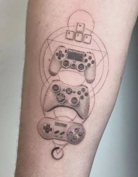 Nintendo Joystick, Computer Tattoo, Super Mario Tattoo, Nintendo Tattoo, Video Game Tattoos, Partner Tattoos, Mario Tattoo, Stick Tattoo, Nerdy Tattoos