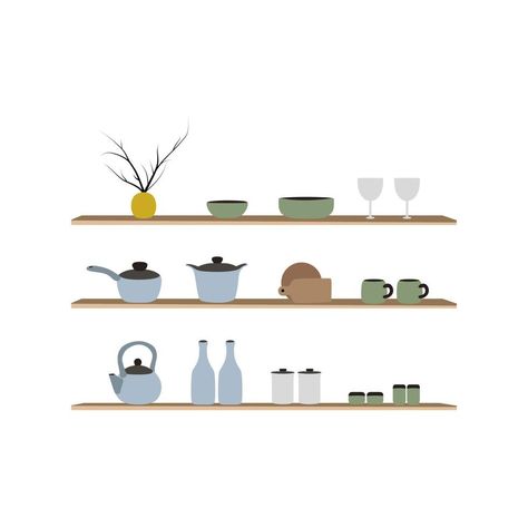 Kitchen shelves with tableware. Kitchen shelves with cooking tools and hanging pots. home interior. seamless pattern Vector illustration in flat style Shelves Illustration, Cartoon Furniture, Kitchen Vector, Vector Kitchen, Furniture Png, Open Table, Funny Cat Wallpaper, Drawing Graphic, Site Analysis