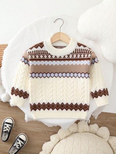 White Casual Collar Long Sleeve Knitwear Geometric Pullovers Embellished Medium Stretch  Young Boys Clothing Sweaters For Boys Knitted, Kids Sweater Pattern, Boys Knitting Patterns Free, Boys Knit Sweaters, Toddler Boy Sweater, Oversized Pullover Sweaters, Jumper Designs, Baby Boy Sweater, Baby Cross Stitch Patterns