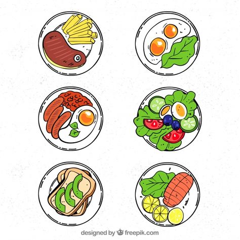 Top view of hand drawn food dishes Drawn Food, Plate Drawing, Cupcake Drawing, Food Clipart, Cute Food Drawings, Food Backgrounds, Paper Dolls Printable, Restaurant Kitchen, Doodle Sketch