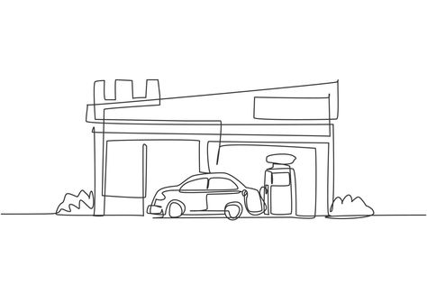 Gas Station Drawing, Pencil Sketch Drawing, Continuous Line Drawing, Petrol Station, Continuous Line, Service Station, Gas Station, Pencil Sketch, Pictures To Draw