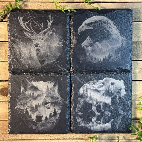 Laser Cut Christmas Ideas Slate Engraving Ideas, Engraved Slate Coasters, Slate Coasters Ideas, Laser Engraving Ideas Metal, Laser Engraving Ideas, Wilderness Animals, Xtool F1, Etching Ideas, Slate Art