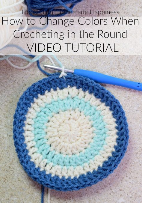 How to Change Colors When Crocheting in the Round | Hooked on Homemade Happiness How To Crochet Stripes In The Round, Crochet Changing Colors In The Round, How To Change Colors In Crochet In The Round, Crochet Change Colors Seamlessly, Changing Colors In Crochet In The Round, Crochet Color Change In The Round, How To Change Colour In Crochet, How To Change Yarn Color When Crocheting, How To Change Yarn Colors In Crochet