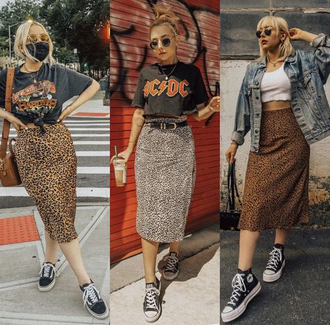 Midi Skirt With Sneakers, Alternative Fashion Skirts, Indie Outfits Alternative Fashion, Skirts With Sneakers, Boho Mode, Leopard Print Skirt, Looks Party, Skirt And Sneakers, Festival Looks