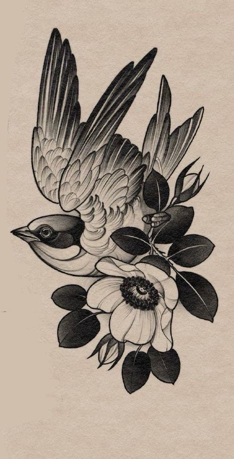 Old School Tattoo Bird, Neotrad Tattoo Design, Neotrad Bird Tattoo, Trad Bird Tattoo, Neotraditional Tattoo Design Black, Rotting Animal Tattoo, Neo Trad Bird Tattoo, Neo Traditional Art Black And Grey, Neotraditional Flower Tattoo Black