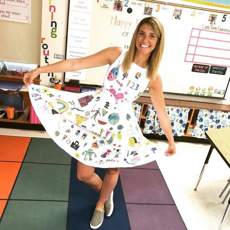 ‘Draw on my dress’ said the teacher Teacher Dress, Work Calendar, Teacher Dresses, Knox County, Retirement Celebration, Ocean Day, Second Grade Teacher, Student Drawing, Teacher Student