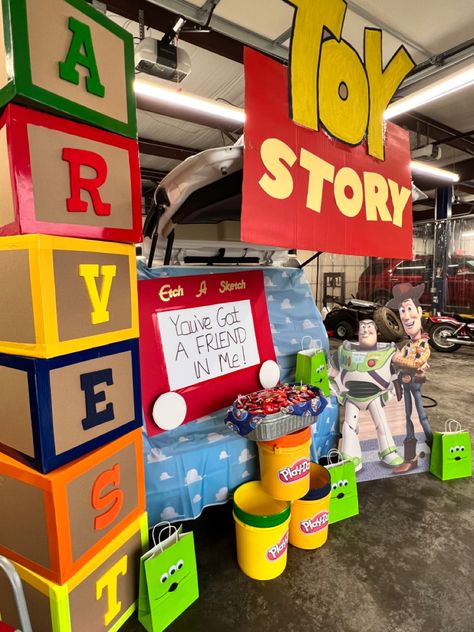 Toy Story Toy Story Decorations Halloween, Toys Story Trunk Or Treat, Elaborate Trunk Or Treat Ideas, Pixar Trunk Or Treat, Toy Story Footprint Art, Buzz Lightyear Trunk Or Treat, Toy Story Homecoming Float, Toy Story Decorations Classroom, Toy Story Halloween Party