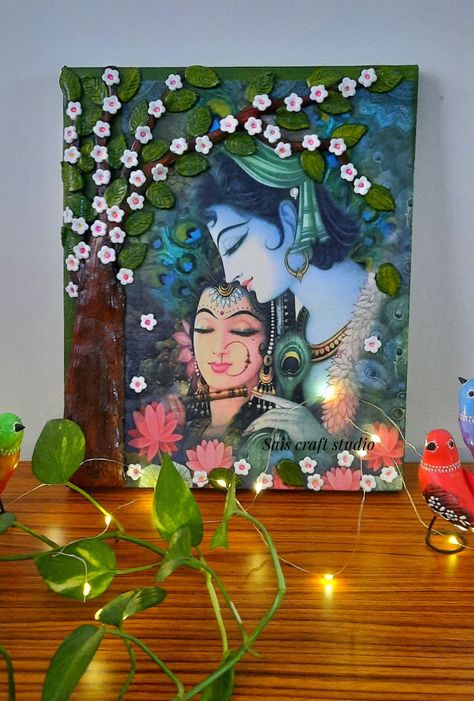 Radha Krishna Creative Painting, Radha Krishna Clay Art On Canvas, Lippan Art Krishna Painting, Acrylic Canvas Painting Designs, Radha Krishna Clay Art, Clay Canvas Painting, Radha Krishna Art Paintings, Krishna Canvas Painting Acrylics, Radha Krishna Modern Art Paintings