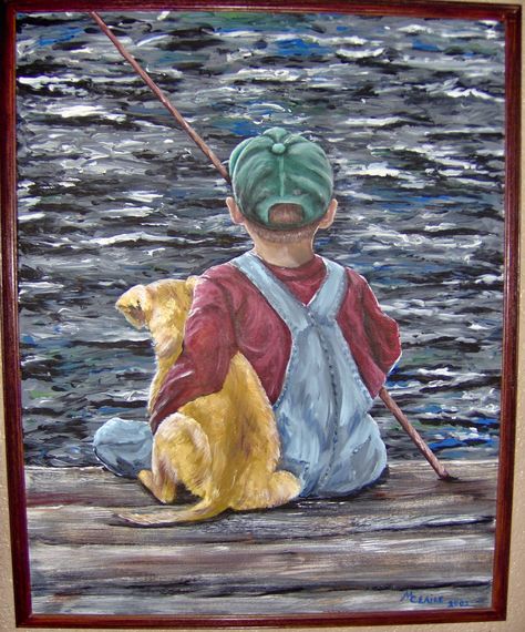 Painting of little boy and dog fishing . Fishing Paintings Easy, Parks Drawing, Gone Fishing Painting, Fisherman Painting, Fishing Painting, Man Fishing Painting, Fishing Oil Painting, Arte Van Gogh, Boy Fishing