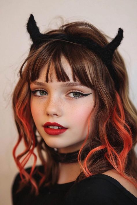 Halloween hairstyles, enchanting hairstyles, little ghouls Horns Hairstyle, Halloween Hairstyles For Kids, Bright Red Highlights, 24 Aesthetic, Black Hair Bun, Wavy Brown Hair, Hairstyle Bangs, Halloween Hairstyles, Soft Bangs