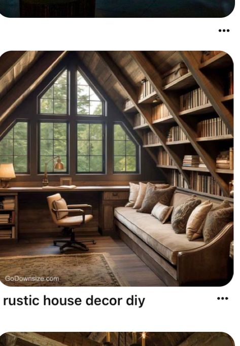 Loft Bookshelves, Loft Library Ideas, Dark Modern Interior, Cabin Library, Loft Library, Library Loft, Homey House, Attic Window, Dark Modern