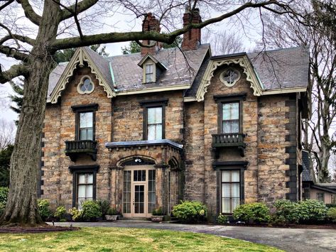 The oldest extant house (and my favorite) in the Cottage Farm development of Brookline is the Frederick Sears House. This house is significant as one of the major surviving examples of Gothic Reviv… Farm Neighborhood, Gothic Revival Cottage, Sears House, Gothic Revival House, Architecture Classic, Fairytale House, Cottage Farm, Historical Places, Gothic Revival