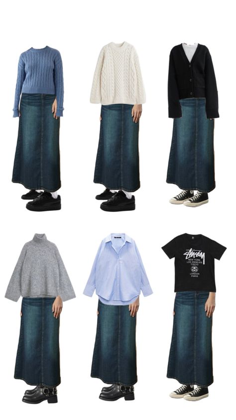 styling a medium-wash denim maxi skirt in 6 ways Maxi Denim Skirt Outfit, Denim Maxi Skirt Outfit, Denim Skirt Outfit, Maxi Skirt Outfit, Maxi Denim Skirt, Denim Skirt Outfits, Maxi Skirt Outfits, Christian Fashion, Denim Maxi