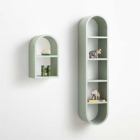 Modern Kids Bookcases and Bookshelves | Crate & Kids White Wall Shelf, Kids Wall Shelves, Large Wall Shelves, Small Wall Shelf, Green Shelves, White Wall Shelves, Sage Green Wall, Wall Shelves Bedroom, Kids Shelves