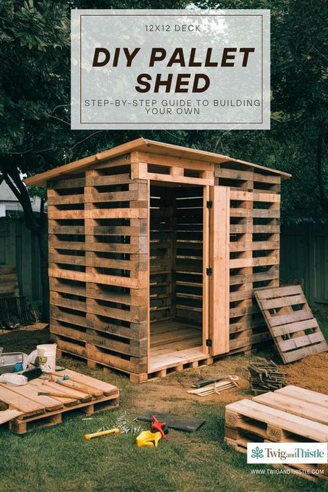 DIY pallet shed guide. This step-by-step tutorial will teach you how to build a pallet shed from scratch, using affordable and sustainable materials. Learn about different designs, from diy pallet shed outdoor storage to pallet garden shed diy projects. Our guide covers everything from the foundation to the roof, including tips for creating a sturdy diy pallet shed floor. Visit the blog post to start building your functional and stylish pallet shed today. Visit now: Twigandthistle.com Cabinet Made From Pallets, Wood Shed Made From Pallets, Pallet Wood Shed Plans, Pallet Sheds Buildings, Diy Pallet Shed Outdoor Storage, Build A Shed Diy Step By Step, Pallet Project Ideas, Diy Shed Flooring Ideas, Garden Pallet Ideas Diy Projects