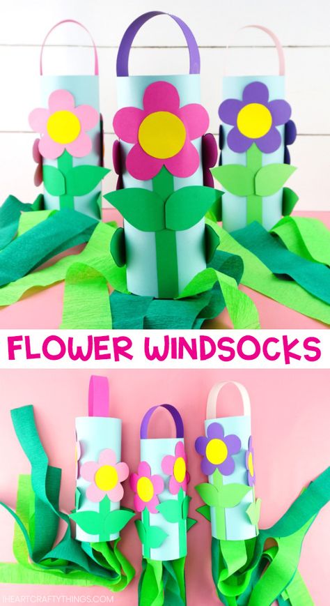 Windsock Craft, Spring Arts And Crafts, Spring Flower Crafts, Spring Crafts Preschool, Prek Crafts, May Crafts, April Crafts, K Crafts, Plant Crafts