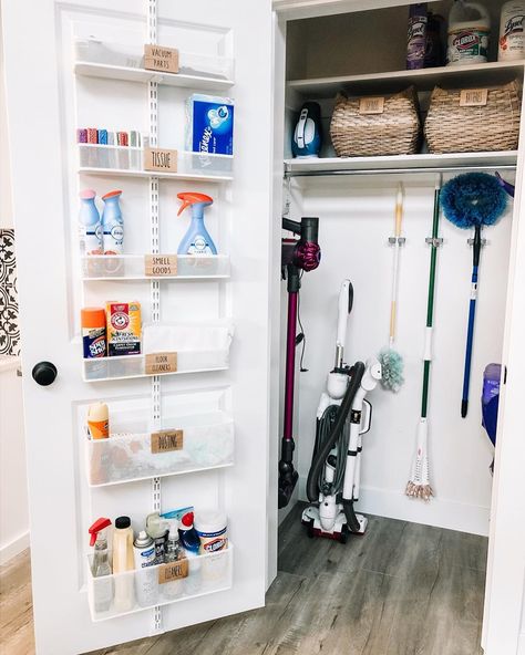 Small Cleaning Closet Ideas, Pantry And Cleaning Closet Combo, Vacuum Closet Organization, Vacume Cleaner Storage Ideas, Ikea Cleaning Closet, Small Cleaning Closet Organization, Cleaning Storage Closet, Utility Closet Shelving Ideas, Small Cleaning Closet