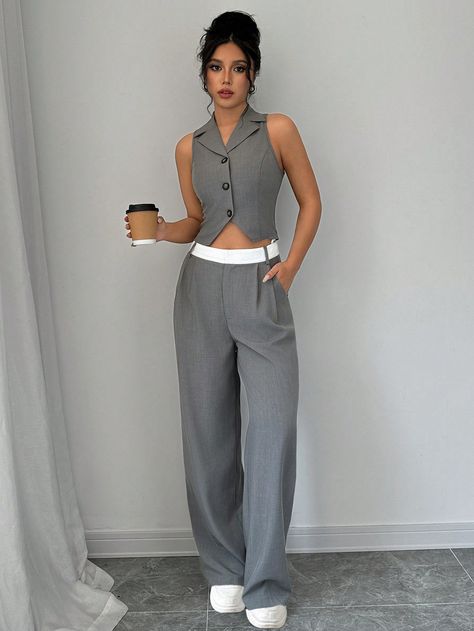 Tailored Pants And Vest Outfit, Vest And Pants Set Women, Elegant Outfit Pants, Vest Matching Set, Female Suit Vest Outfits, Vest Pants Suit Women, Women Suit Vest Outfit, Grey Suit Pants Outfit Women, Business Casual Pants