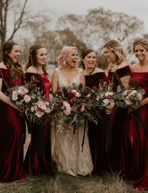 Deep red, scarlet,  wine velvet bridesmaids color palette. Velour Bridesmaid Dresses, Dark Red Velvet Bridesmaid Dress, Red Velvet Bridesmaid Dresses Winter, Burgundy Bridesmaid Dresses Velvet, Moody Bridesmaid Bouquet, Moody Bridesmaid Dresses, Red Velvet Bridesmaid Dresses, Burgandy Bridesmaids Dresses, Deep Red Bridesmaid Dresses