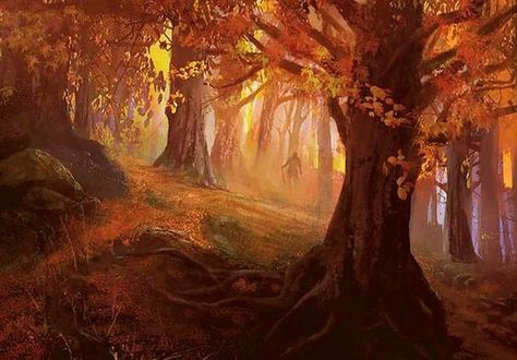 Autumn Forest Red Tree Fantasy Art, Fall Forest Fantasy Art, Autumn Forest Fantasy Art, Autumn Forest Art, Autumn Fantasy Art, Fantasy Autumn, Forest Falls, Forest Sunset, Park Forest