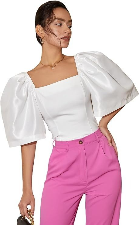 Floerns Women's Square Neck Puff Short Sleeve Elegant Blouse Crop Top White S at Amazon Women’s Clothing store White Crop Blouse, Blouse Crop Top, Bridal Wardrobe, Plus Size Peplum, Slim Blouse, Blouse Crop, Party Blouse, Puff Sleeve Crop Top, Fitted Blouses